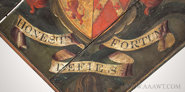 Hatchment, Painted Wood, Bearing Motto, Honesty Defies Fortune
Coat of arms celebrating family distinction and lineage
England, 19th Century, ribbon detail